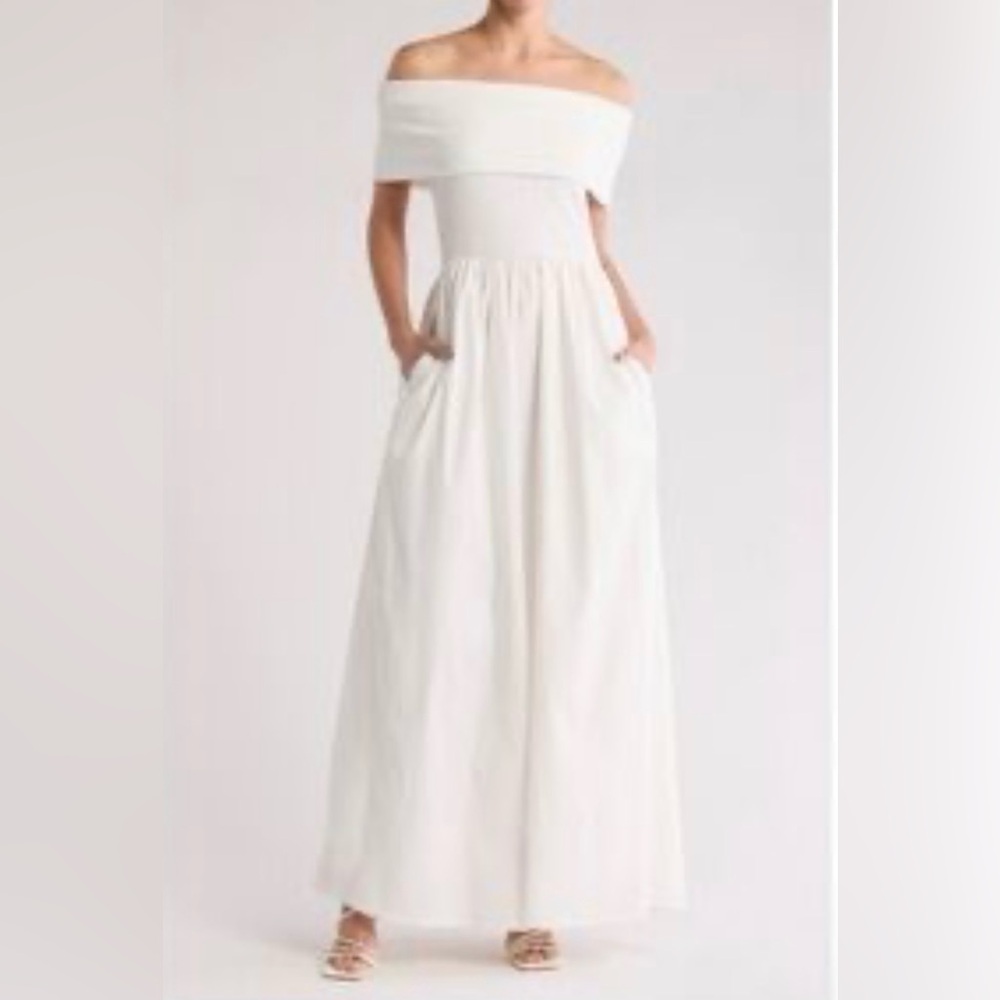 LoveXDesign White Off Shoulder Maxi Dress Large Cottagecore Pockets